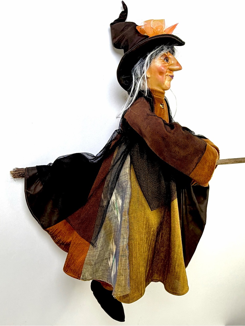 Kasma Flying Witch Doll Hanging Halloween Decor Porcelain Face Broom Vintage - Picture 5 of 14